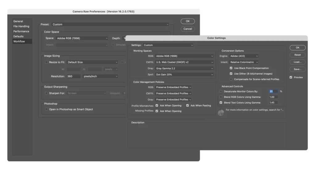 photoshop color settings preferences