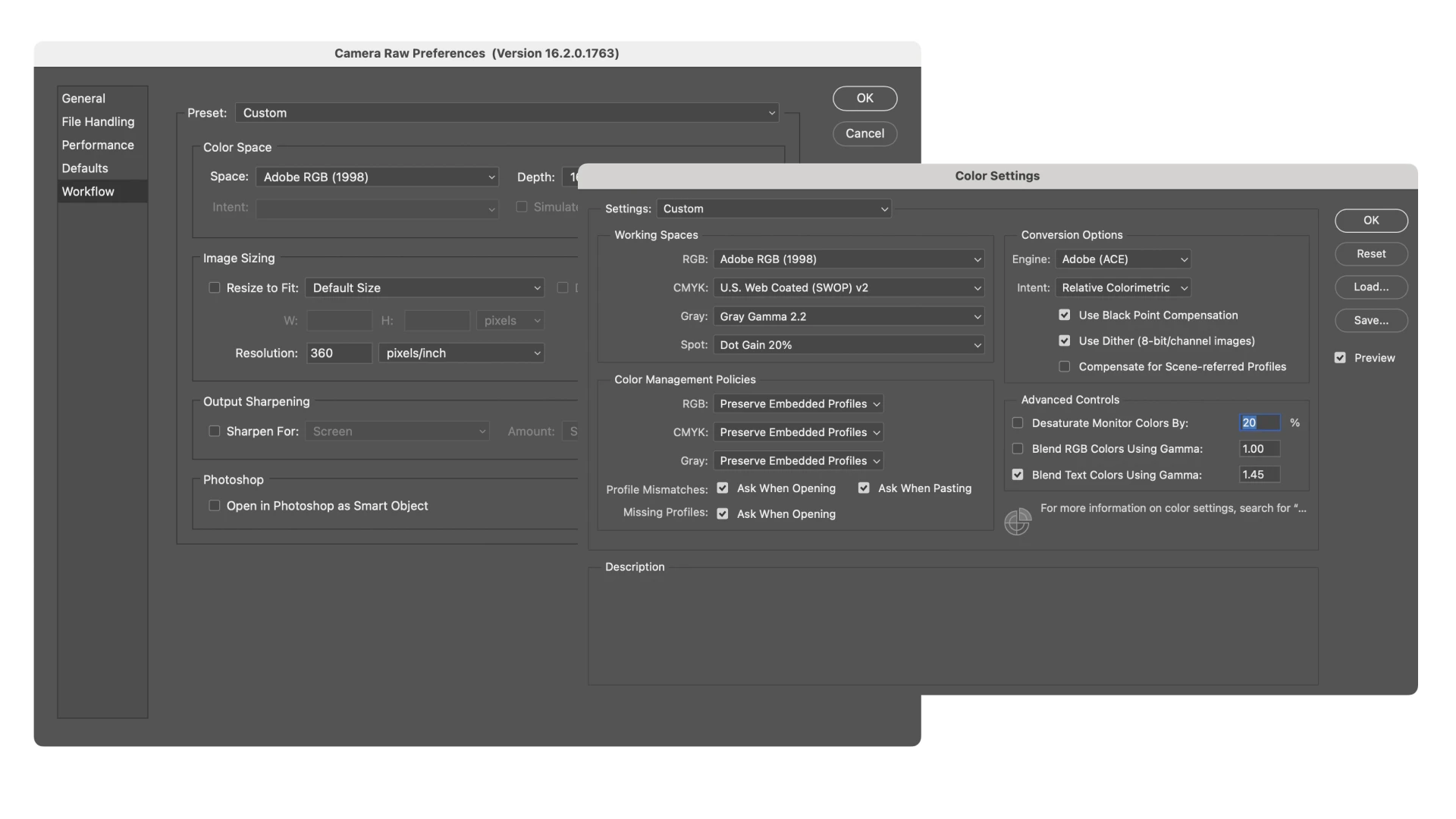 photoshop color settings preferences